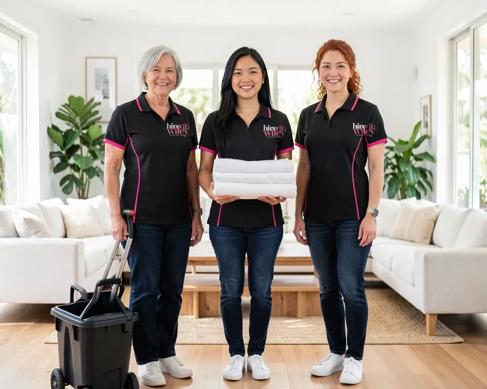 Three smiling Wifeys of different ages in their Hire a Wifey uniforms