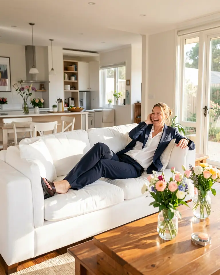 A woman home from work relaxing on the sofa in her spotless, tidy living room