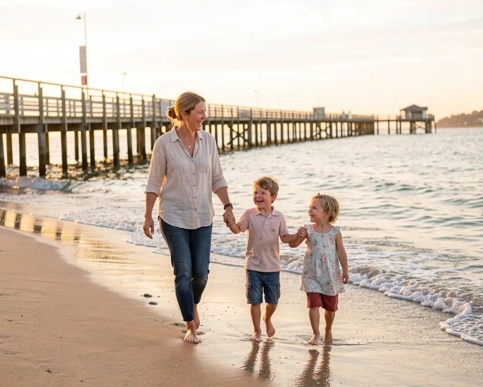 A mum walking along a Hervey Bay beach at sunset with her two children, the pier behind them