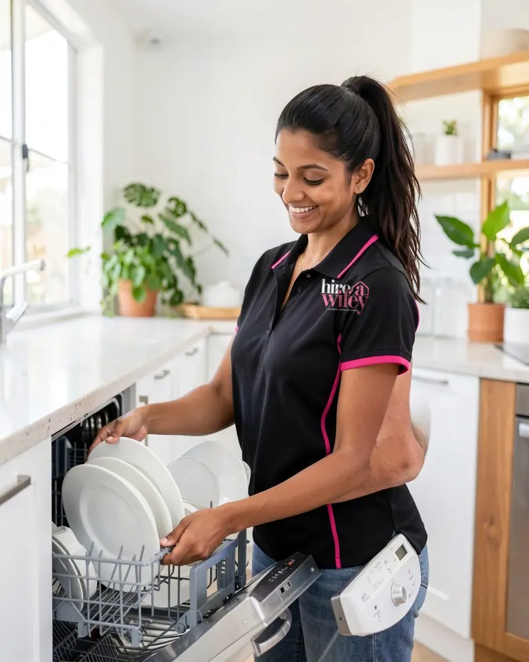 A Wifey unloading clean plates from the dishwasher in a white kitchen