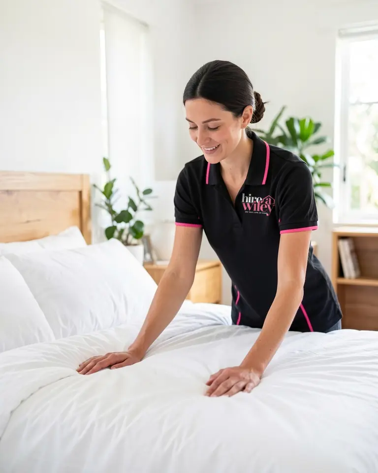 A Wifey smoothing a fresh white doona while making a bed