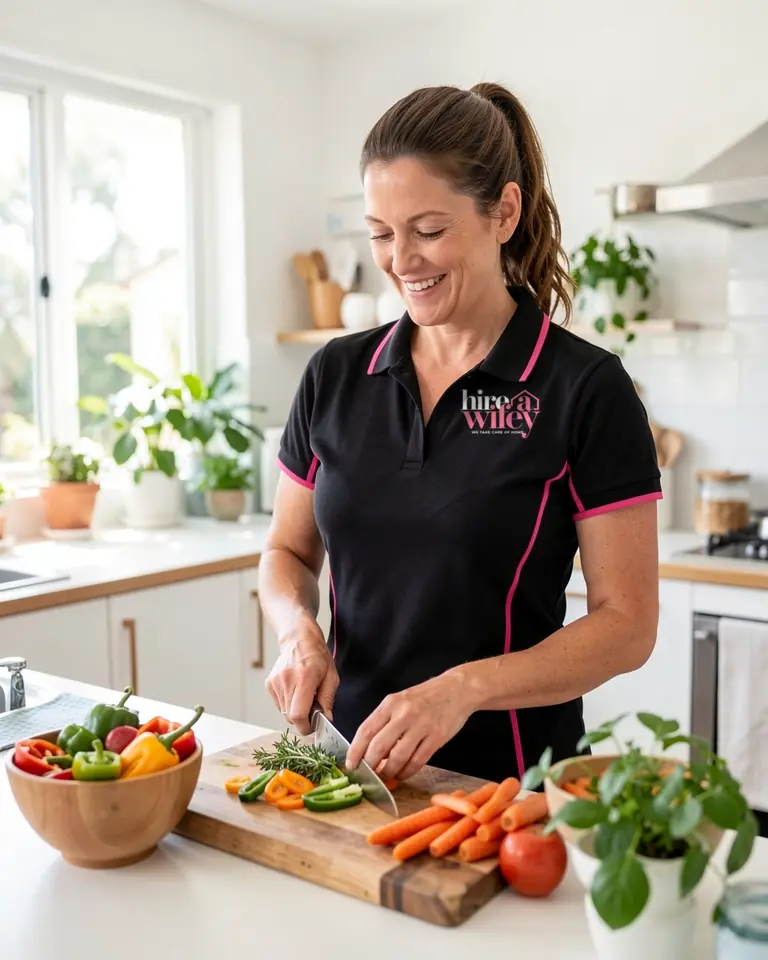 A Wifey chopping fresh vegetables for dinner in a family kitchen
