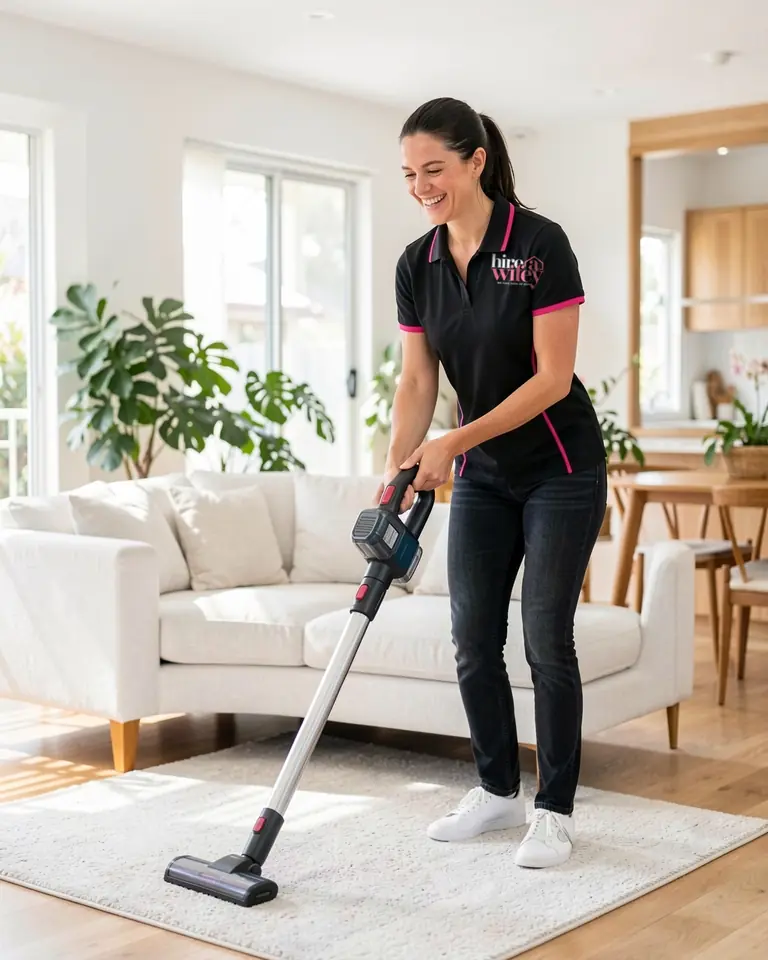 A Hire a Wifey worker in uniform vacuuming a rug in a bright Hervey Bay living room