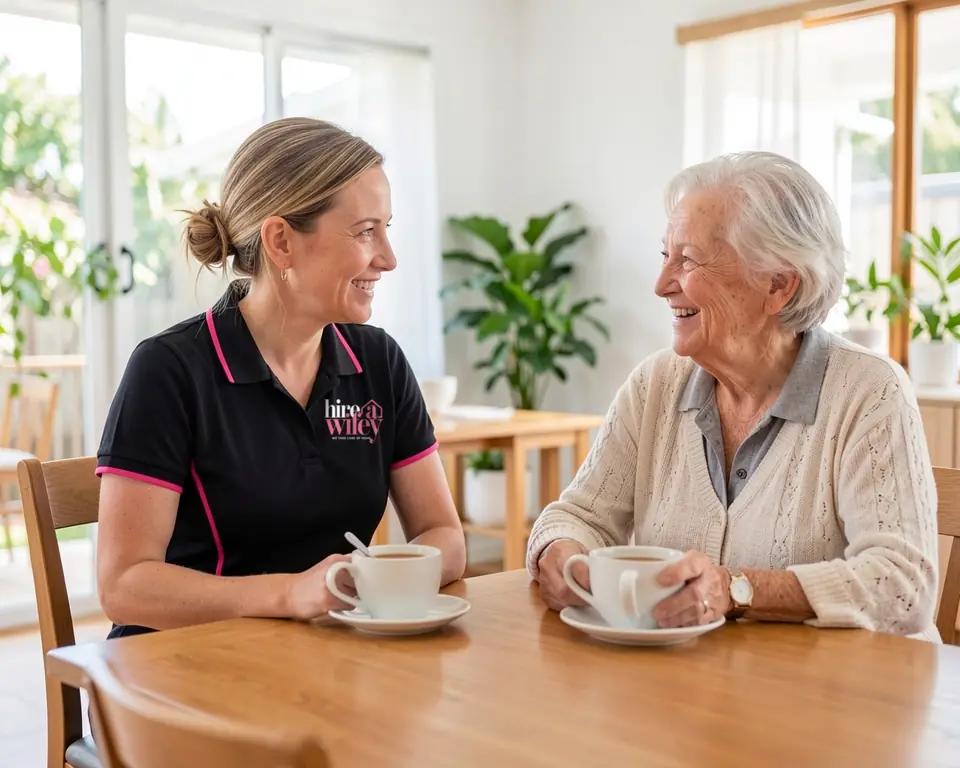 A Wifey sharing a cup of tea with an older client at her dining table